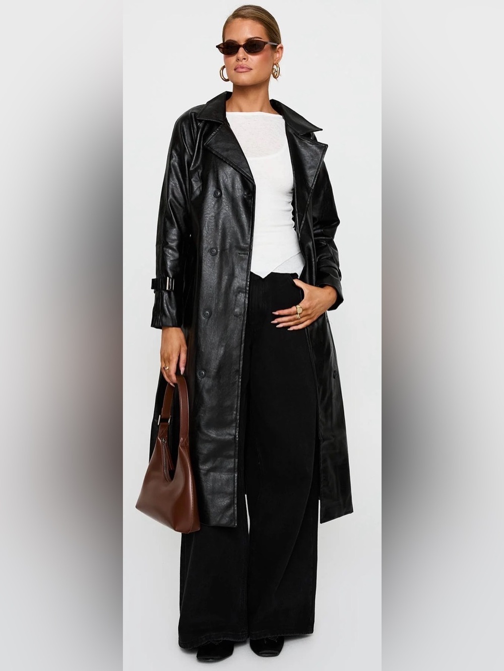Princess Polly Think Later Faux Leather Trench Coat - Black